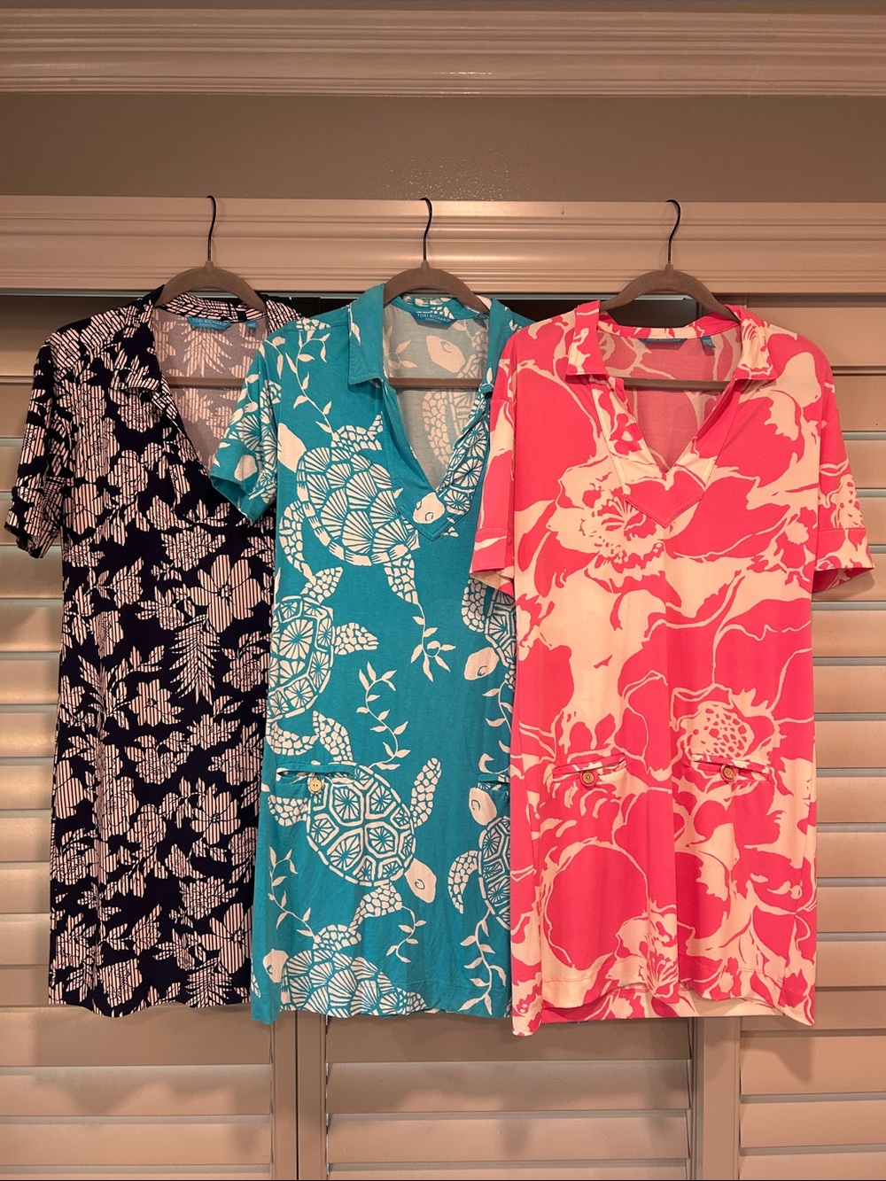 3 Tori Richard Dresses - Navy Floral, Turquoise Turtle, Coral Floral (Sz. Med)